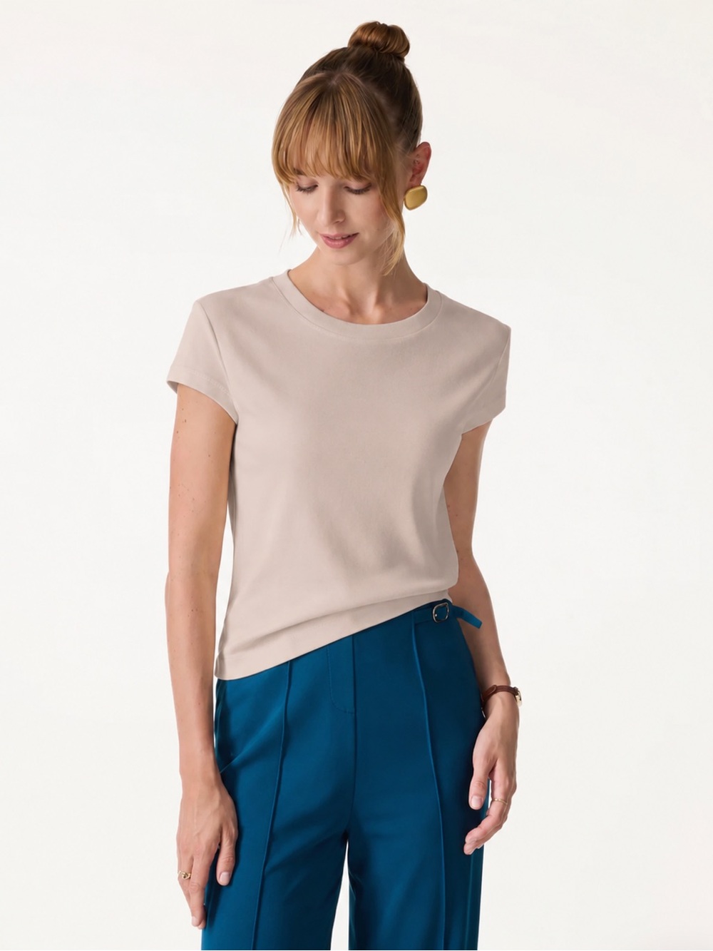 NWT OGL Desert Sand Beige Cotton Linen Silk Blend Cap Sleeve Tee Top M